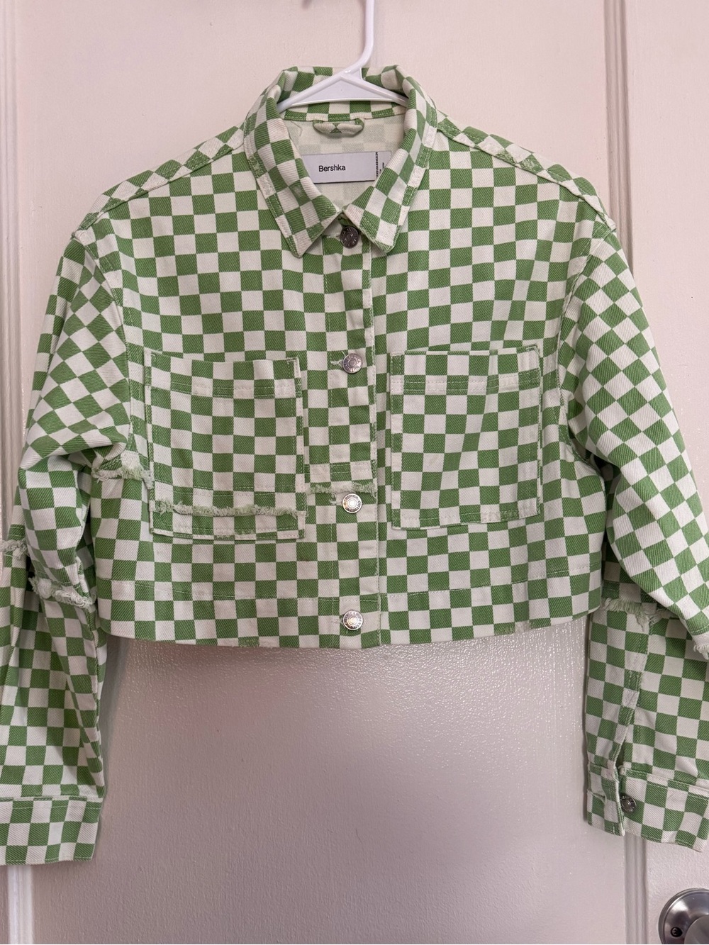 Bershka Cropped Checkerboard Jacket in Light Green and White XS